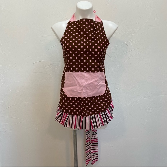 FLIRTY APRONS RETRO LOOK PINK POLKA DOT CANDY STRIPE RUFFLE APRON - Picture 2 of 16